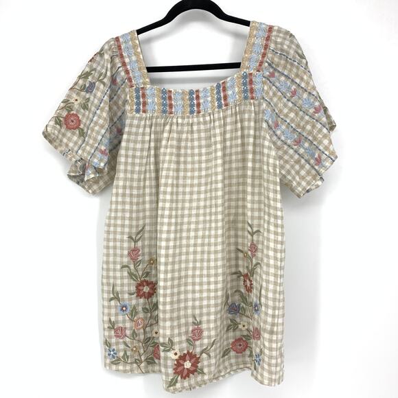 Karyn Seo X Athleta Blouse Women's Sz Small Embroidered Linen Gingham Tan White - Picture 2 of 6